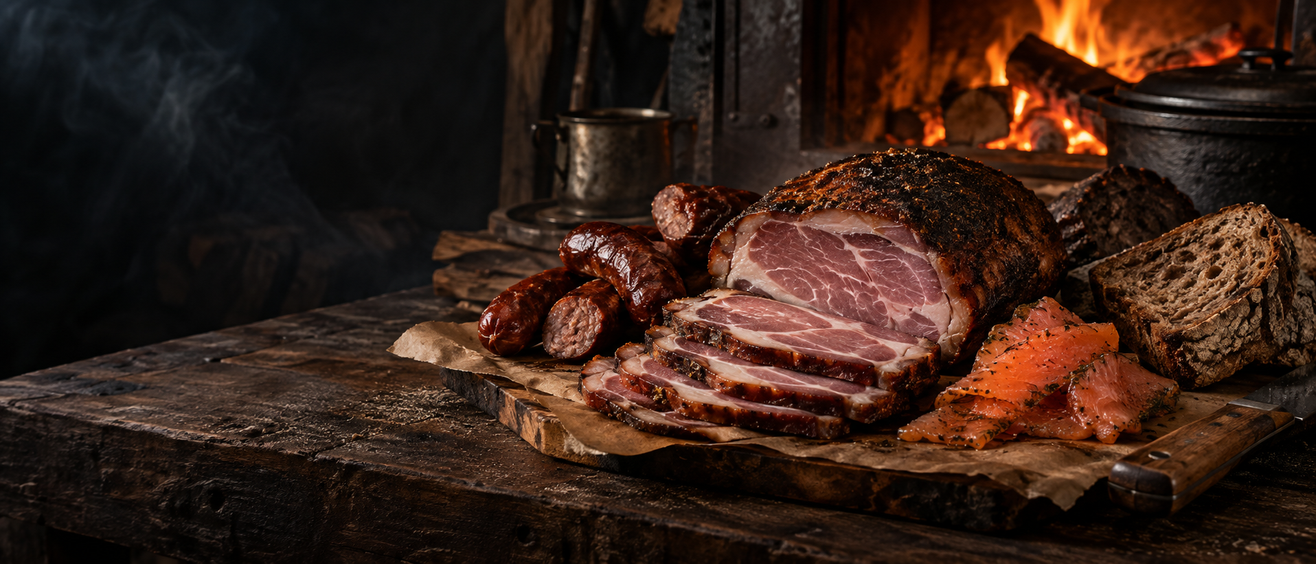 Selección artesanal de jamón ahumado, chorizos y gravlax junto al fuego